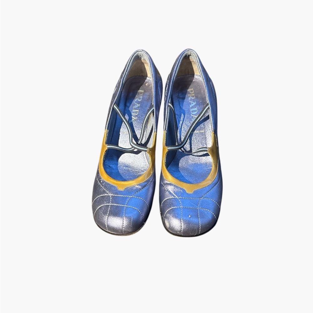 Prada Blue, Silver and Yellow Mary Jane Kitten Heels